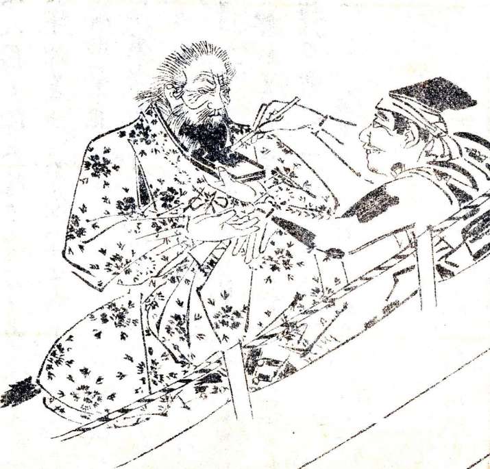 Sanemori’s white hair is painted black. Illustration from Zenkenkojitsu of Yosai Kikuchi (1788–1878). From wikimedia.org