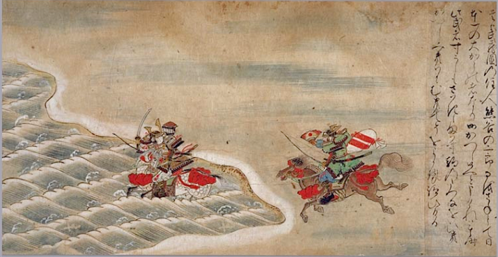 The samurai warrior Kumagae fights the young courtier Atsumori. From a painted scroll depicting the <i>Tale of the Heike</i>, artist and date unknown. From Core of Culture