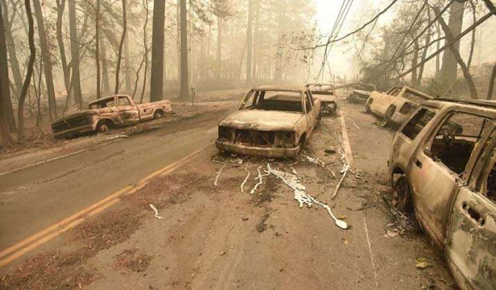 Burned out cars in Paradise, California, following the Camp wildfire. From wunderground.com