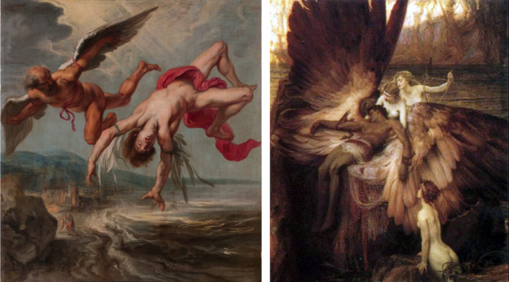The <i>Flight of Icarus</i>, Jacob Gowy, 1636. From wikipedia.com, left, and <i>The Lament for Icarus</i>, Herbert Draper, 1898. From wikigallery.org