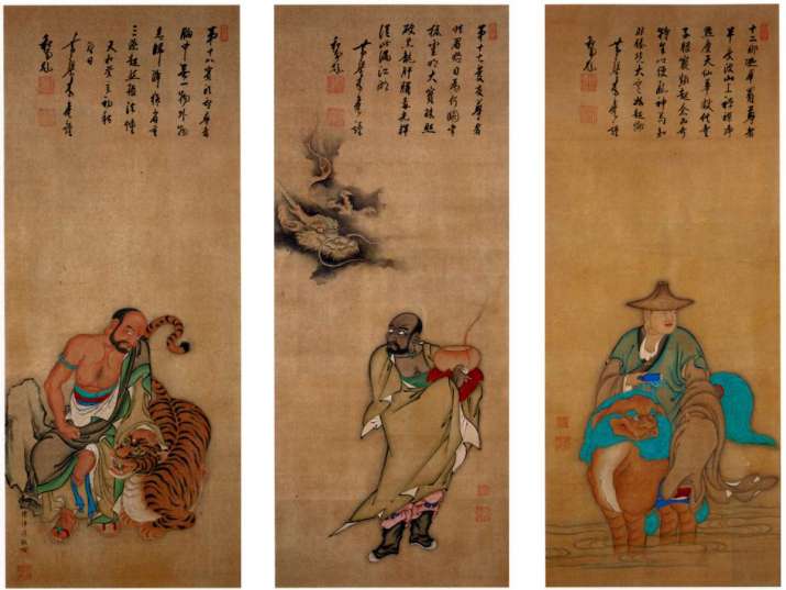 <i>Three Arhats</i> by Chen Xuanxing. Inscription by Muan, color on silk, No.3 of 18 hanging scrolls, Manpuku-ji, Japan. Silk Book, 1683