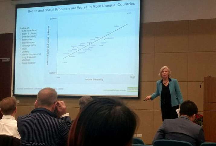 Professor Clair Brown shows the correlation between income inequality and increasing health and social problems among various countries. Image courtesy of the author