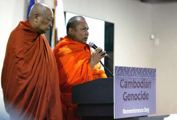 Monks speak during the Cambodian Genocide Remembrance Day at the Long Beach Fire Union Hall. Image from presstelegram.com