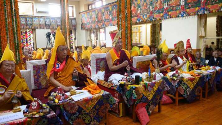 Representatives of the Tibetan spiritual traditions during the long-life offering ceremony. Photo by Tenzin Choejor. From dalailama.com