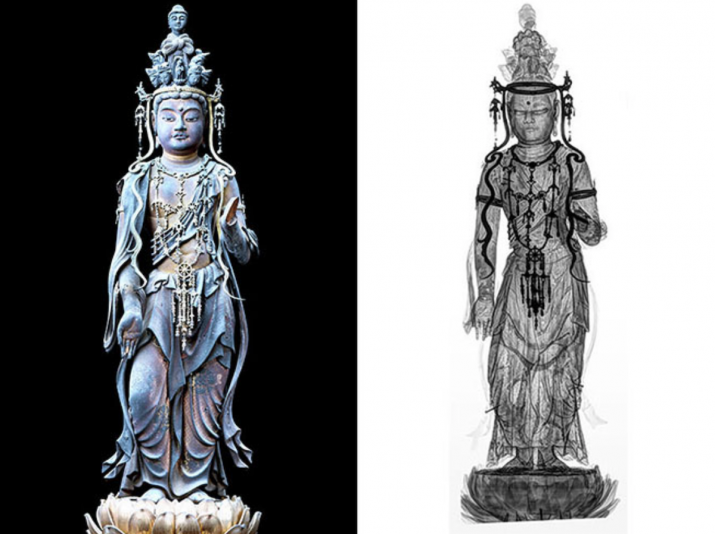 The standing Kannon statue at Takisan-ji, left, and right an X-ray image showing three scrolls inside the statue’s legs From asahi.com