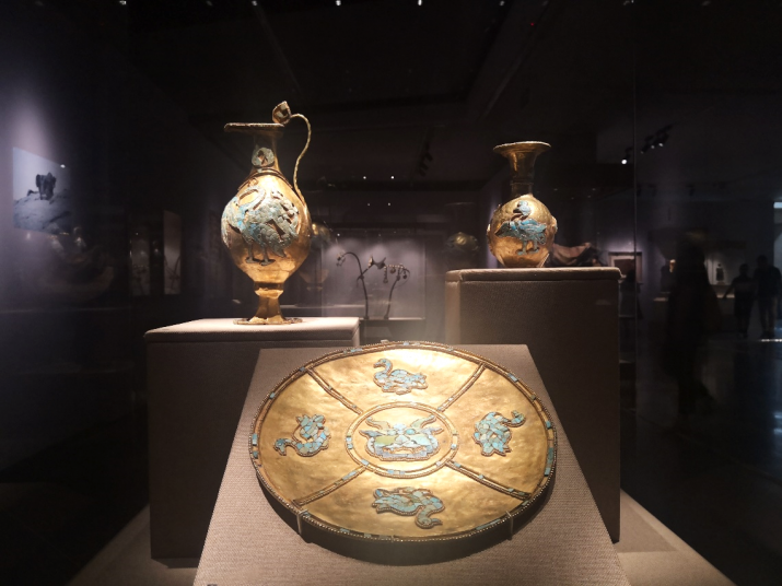 Gold vessels with mythical animals inset in turquoise, Tubo period, Al Thani Collection. Photo by the author