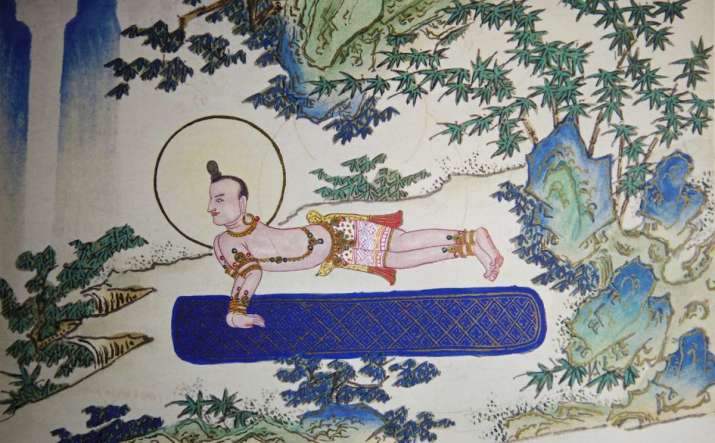 The Peacock Pose is number 28 in a sequence of 32 yogic movements (trulkhor) described in the Hevajra Tantra’s “Path and Fruit” (Lamdré), as illustrated in a Qing dynasty manuscript from China’s Imperial Treasury. Image courtesy of the Beijing Palace Museum
