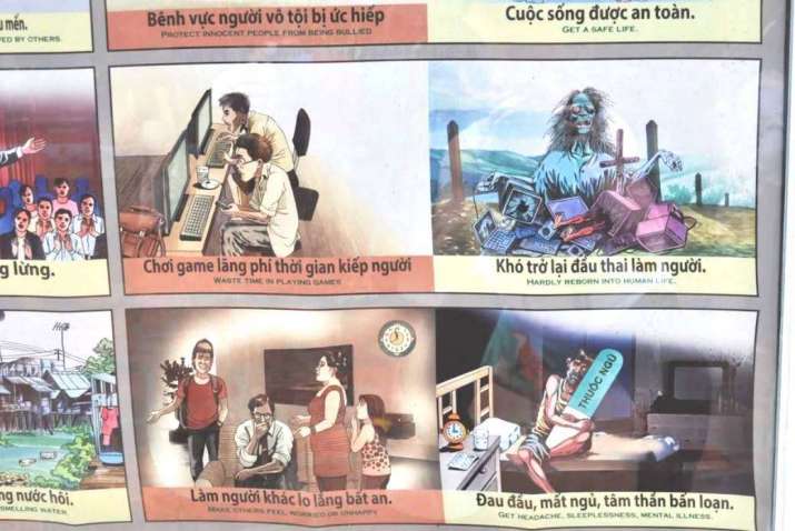 A poster from Vietnam, also in Southeast Asia, warning Buddhists against certain vices and their karmic consequences. From vice.com