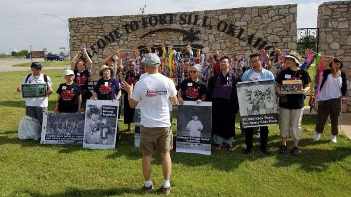 The Tsuru for Solidarity protest in June at Fort Sill with World War Two Japanese American camp survivors. From latimes.com
