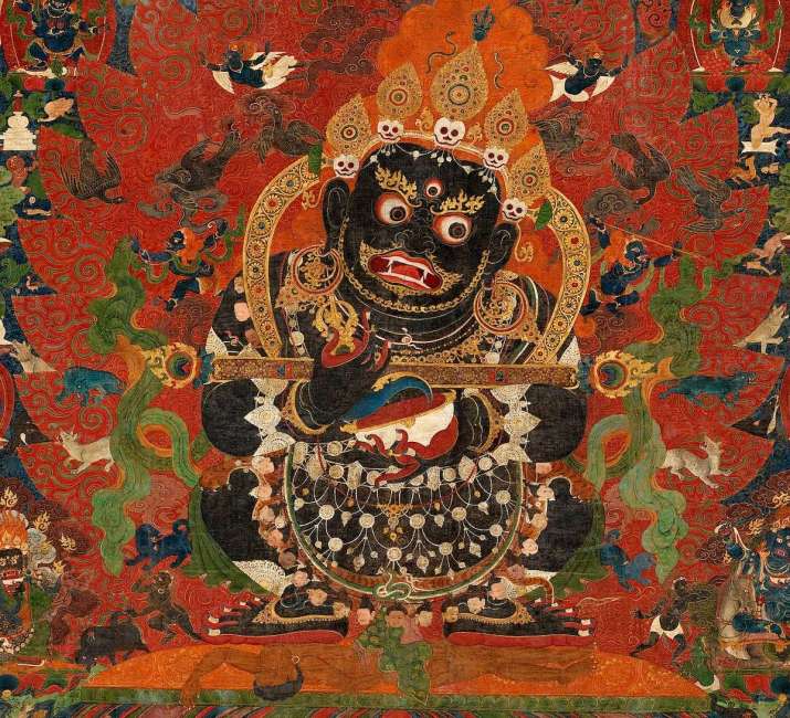 Detail from a <i>thankha</i> for Mahakala, c. 1500. One of the most popular guardians in Tibetan Buddhism. Here he tramples a corpse while wielding a flaying knife and a blood-filled skull cup, signifying the destruction of impediments to enlightenment. From wikipedia.org