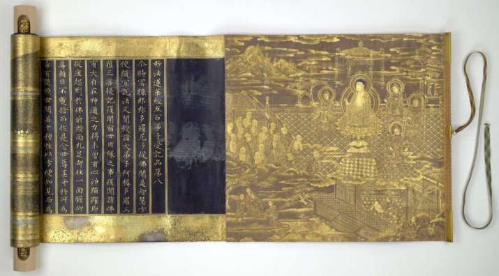 Gold painting of Amitabha in a scroll containing the <i>Lotus Sutra</i>. Japan, 1636. From bl.uk