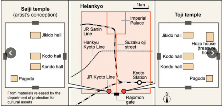 Artist’s impression of the original layouts of Sai-ji and To-ji in Heian-kyo. From asahi.com