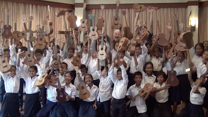 Cambodian students with their ukuleles. Image courtesy of Rock Paper Scissors