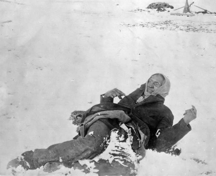 The frozen body of Native American Chief Spotted Elk lies in the snow after the massacre of Wounded Knee. From wikipedia.org