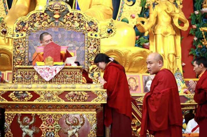 His Holiness Shechen Rabjam Rinpoche leading the enthronement ceremony. From Dilgo Khyentse Fellowship - Shechen Facebook