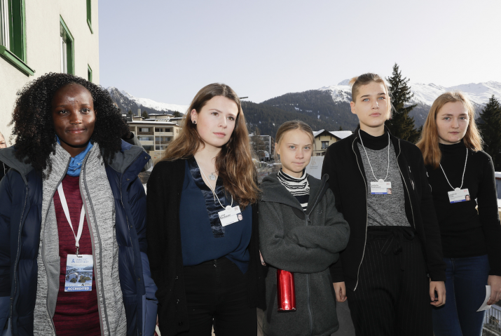 Climate activists in Davos, 24 January 2020. From left: Vanessa Nakate, Luisa Neubauer, Greta Thunberg, Isabelle Axelsson, and Loukina Tille. From buzzfeed.com