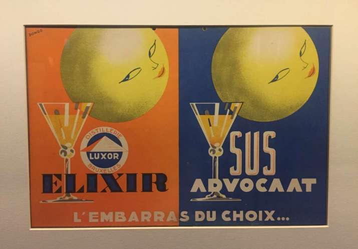 Distillerie Luxor, Bruxelles. Elixir. Sus. Advocaat. L'embarrras du choix, René Magritte, c. 1936, color lithograph on cardboard, Royal Museums of Fine Arts of Brussels. Photo by the author