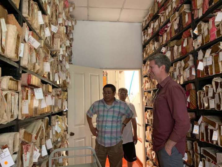 BDRC executive director Jann Ronis at Peter Skilling’s Fragile Palm Leaves Foundation library in Bangkok, in 2019. From khyentsefoundation.org