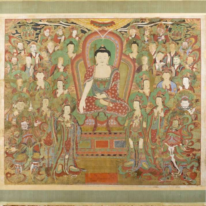 <i>Yeongsanhoesangdo</i> (<i>Preaching Shakyamuni Buddha</i>), commissioned in 1755, depicts Shakyamuni Buddha teaching on Vulture Peak. From wikimedia.org