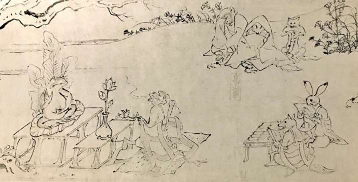 <i>Animals Worshipping a Frog Buddha</i>, detail from a 20th century replica of the <I>Choju-giga</I> scrolls. Ink on paper, (original from the 12th–13th century in the collection of the Tokyo National Museum). Image courtesy of the author