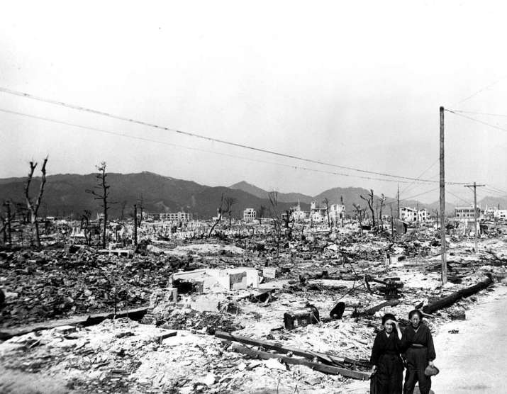 Survivors walk among the ruins of Hiroshima. From wikimedia.org