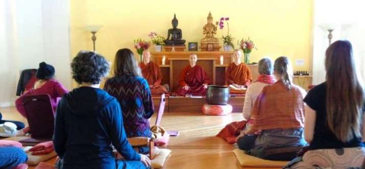 Ayya Anandabodhi, left, Ayya Santacitta, middle, and Ven. Dhammadīpa, right, teaching at the Spirit Rock Meditation Centre in Woodacre, California. Image courtesy of Shannon Anderson