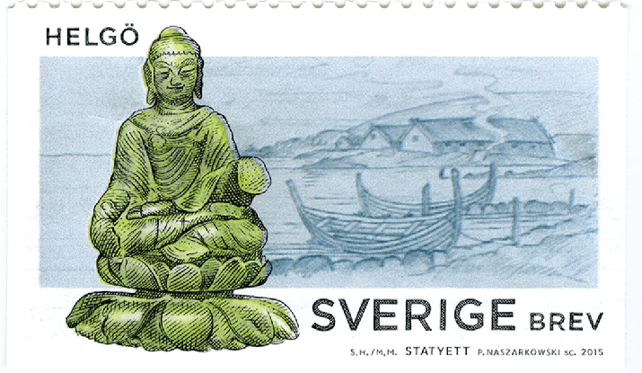 A 2015 stamp from Sweden Post featuring the Helgo Buddha statuette. From lionsroar.com