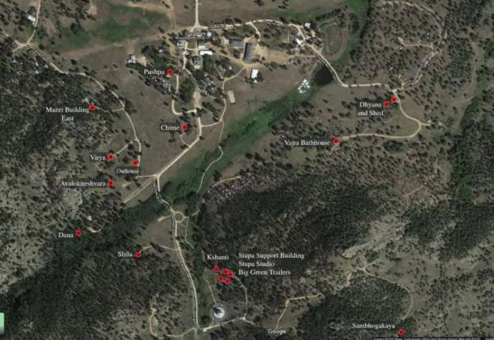 Map showing damaged and destroyed buildings in red. From shambhalamountain.org