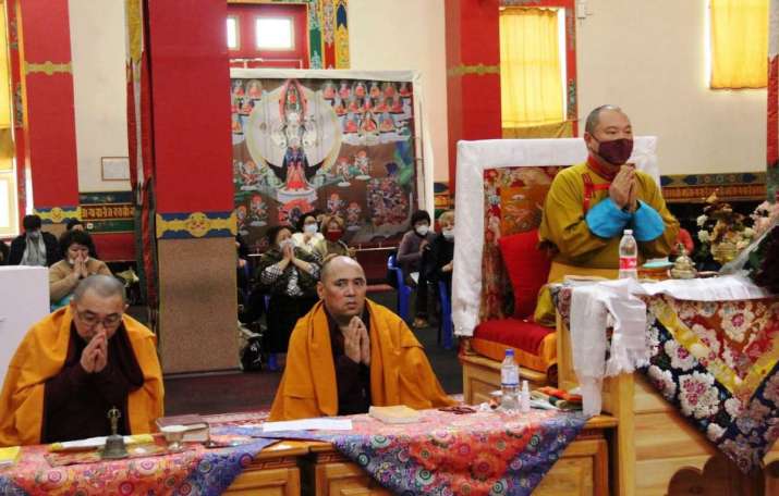 Telo Tulku Rinpoche leads the prayers during Chotrul Duchen. From facebook.com
