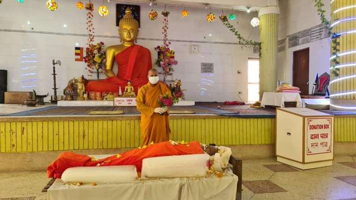 The body of Prof. Ven. Bhikshu Satyapala at the International Meditation Centre, Bodh Gaya. From Ariyapala Bhikkhu B Ariyapala Facebook